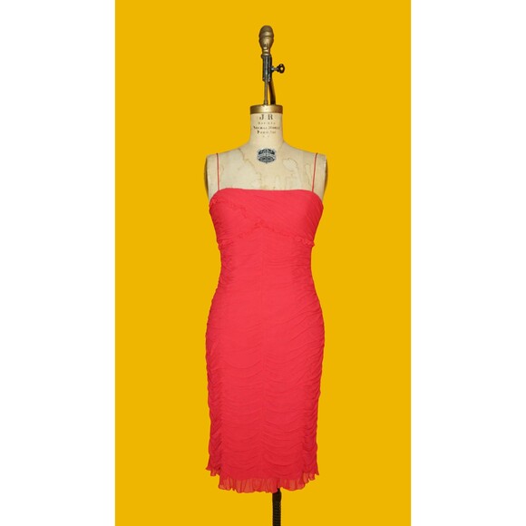 1990s CACHÉ Cherry Red SILK CHIFFON Draped Sleeveless Ruched Dress. Small. As Is - Picture 2 of 10